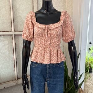 Emelia Floral Linen Rayon Bohemian Cottagecore Milkmaid Puff Sleeves Blouse XS